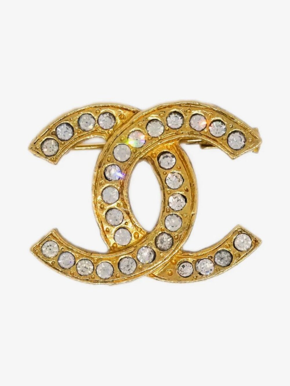 Authentic CHANEL vintage gold plated crystal studded brooch